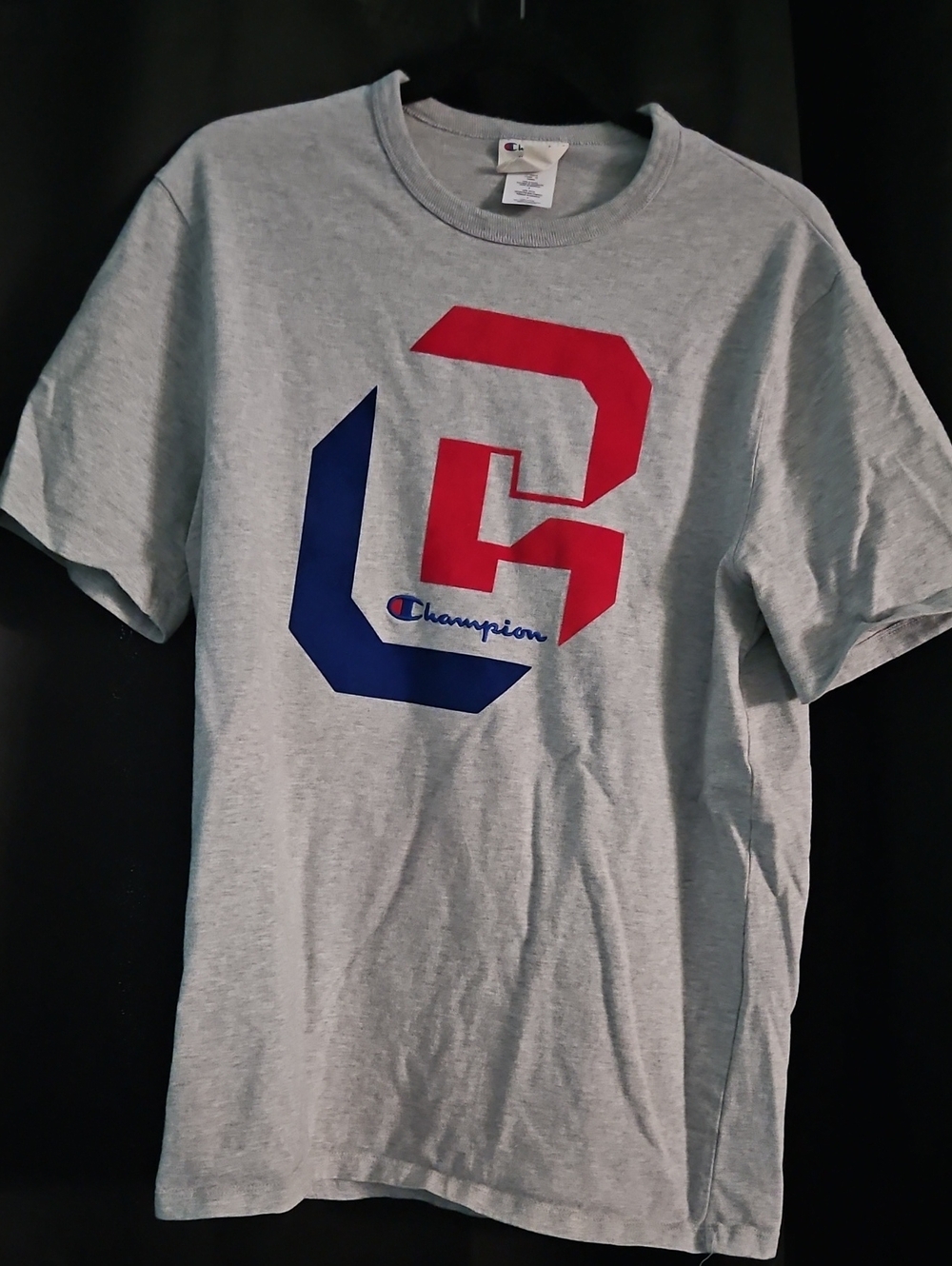 Champion Men's Gray Short Sleeve Tee with Red & Blue Graphic